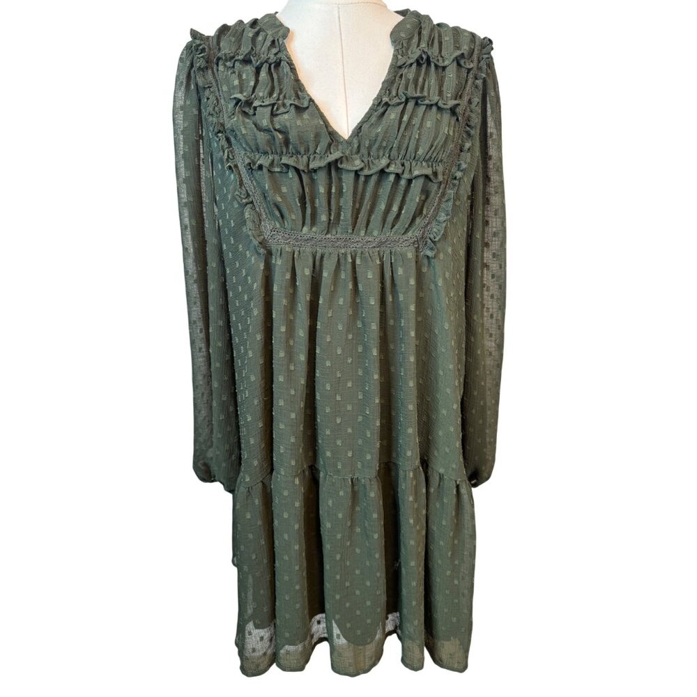2/$30 ZARA Olive Green Small Sheer Textured Long Sleeve Dress - Picture 13 of 15